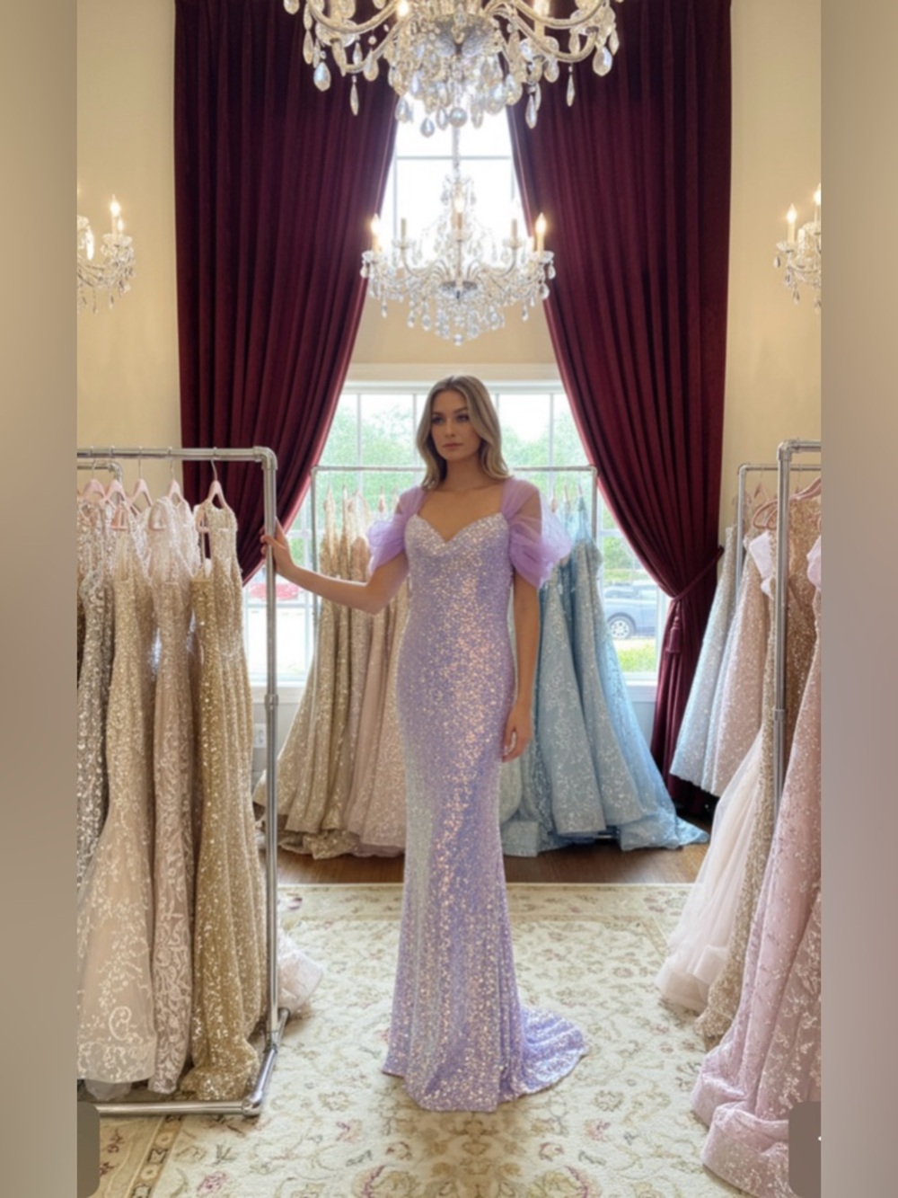 Lilac Sequin Mermaid Gown with Puff Sleeves NWT 248.00 - Picture 2 of 4